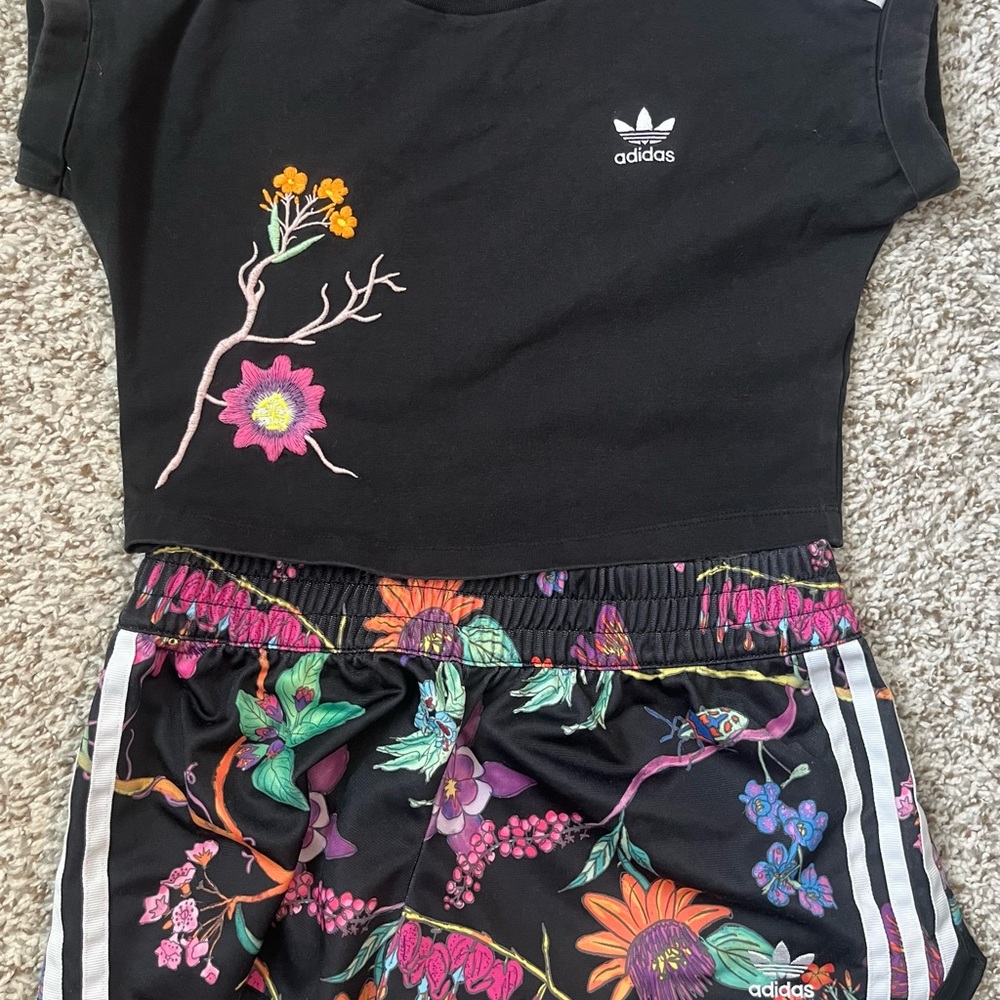 Adidas Matching Set with Black Cropped Tee and Floral Shorts